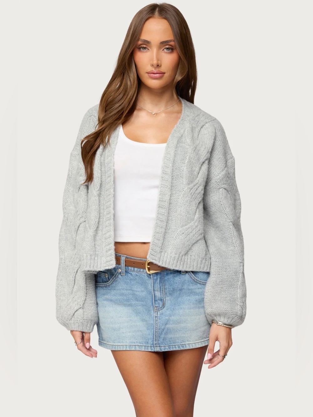 Edikted Braiden Chunky Cable Knit Cardigan in Light Grey Melange M